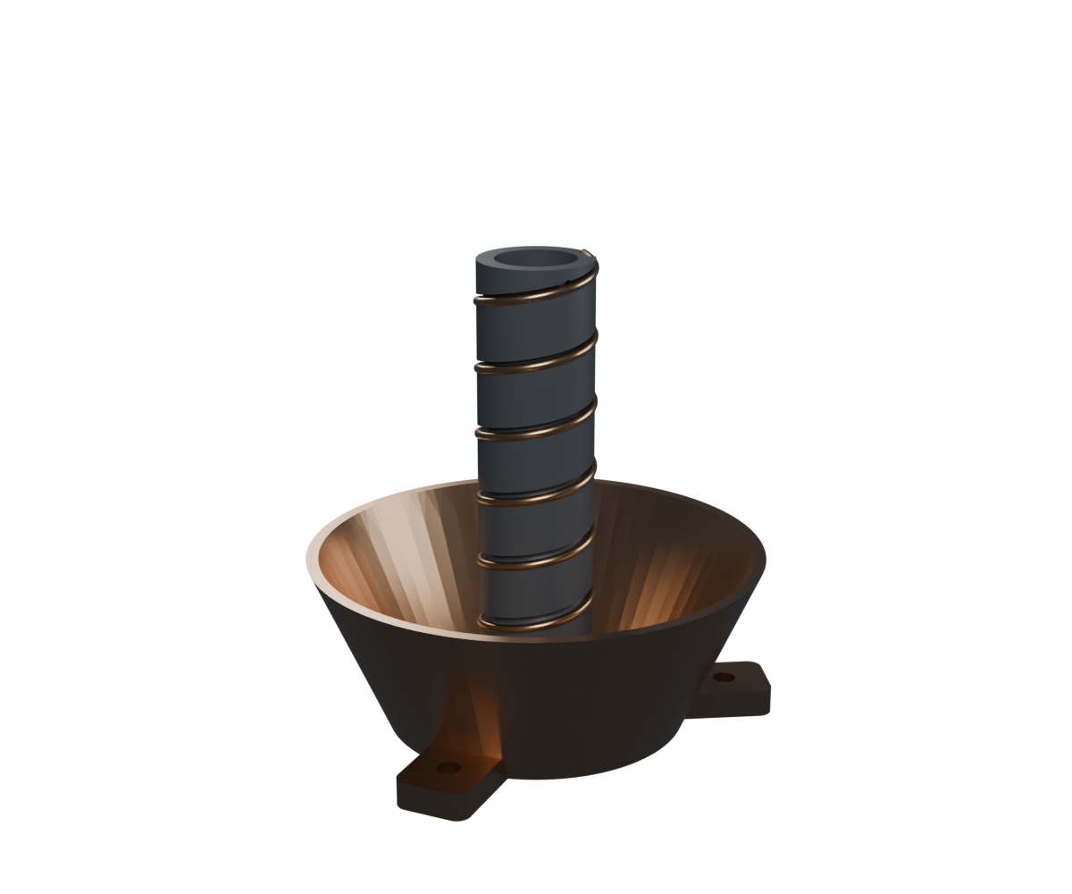The self-printed 5.8 GHz axial-mode helix antenna — seven turns on a skeletonized former, cup reflector lined with copper tape, ball-head mount with 1/4-inch tripod thread.